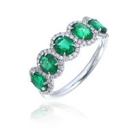 18K White Gold 5 Stone Oval Emerald and Diamond Halo Ring