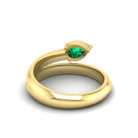 14K Yellow Gold Pear Shaped Emerald and Round Diamond Bypass Ring