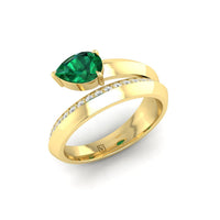 14K Yellow Gold Pear Shaped Emerald and Round Diamond Bypass Ring