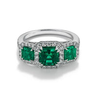 18K White Gold 3 Stone Emerald and Diamond Halo Ring