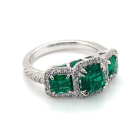 18K White Gold 3 Stone Emerald and Diamond Halo Ring