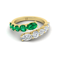 14K Yellow Gold 2 Row Oval Emerald and Diamond Bypass Ring