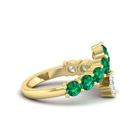 14K Yellow Gold 2 Row Oval Emerald and Diamond Bypass Ring