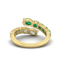 14K Yellow Gold 2 Row Oval Emerald and Diamond Bypass Ring