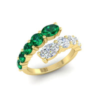 14K Yellow Gold 2 Row Oval Emerald and Diamond Bypass Ring