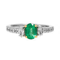 Platinum 3 Stone Oval Emerald and Diamond Ring