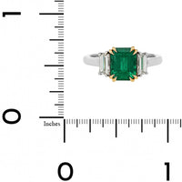Platinum Three Stone Emerald and Trapezoid Shaped Diamond Ring