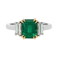 Platinum Three Stone Emerald and Trapezoid Shaped Diamond Ring