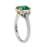 Platinum Three Stone Emerald and Trapezoid Shaped Diamond Ring
