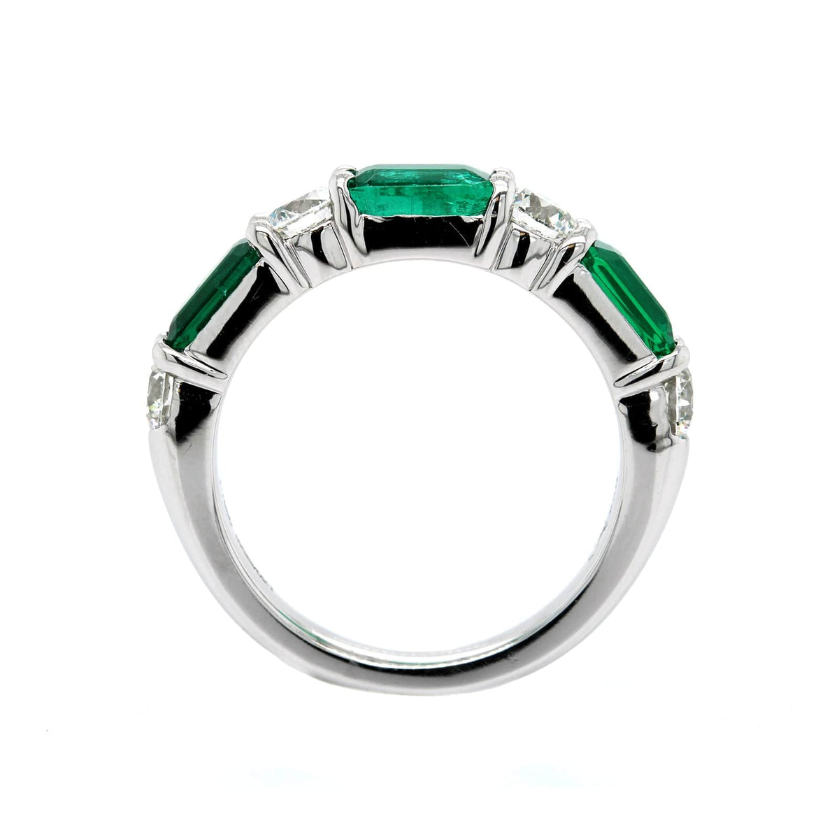 Platinum Shared Prong Emerald and Diamond Band