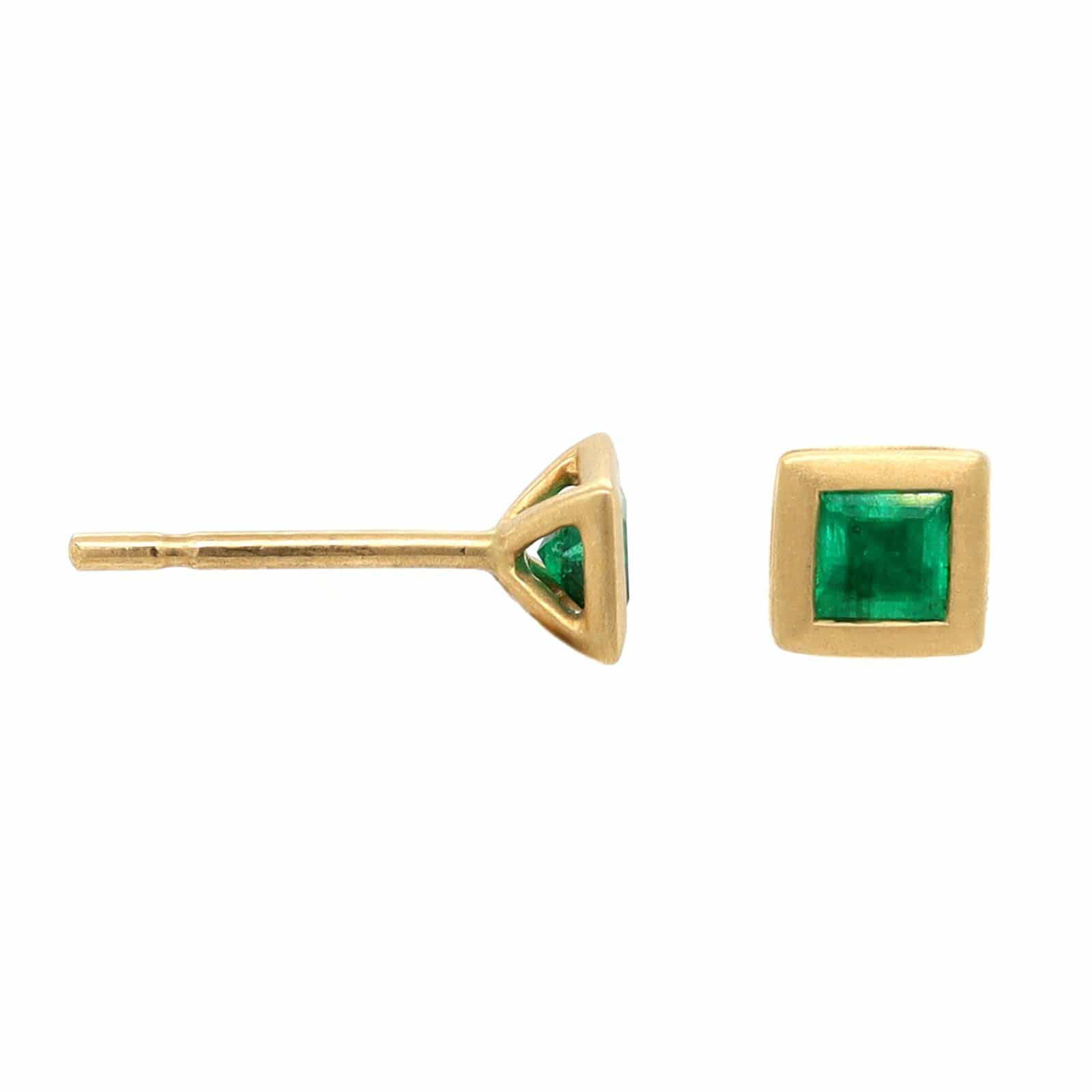 18K Yellow Gold Square Emerald Stud Earrings