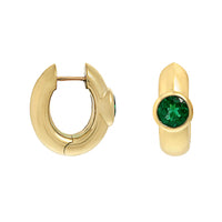 18K Yellow Gold Bezel Set Round Emerald Huggie Earrings