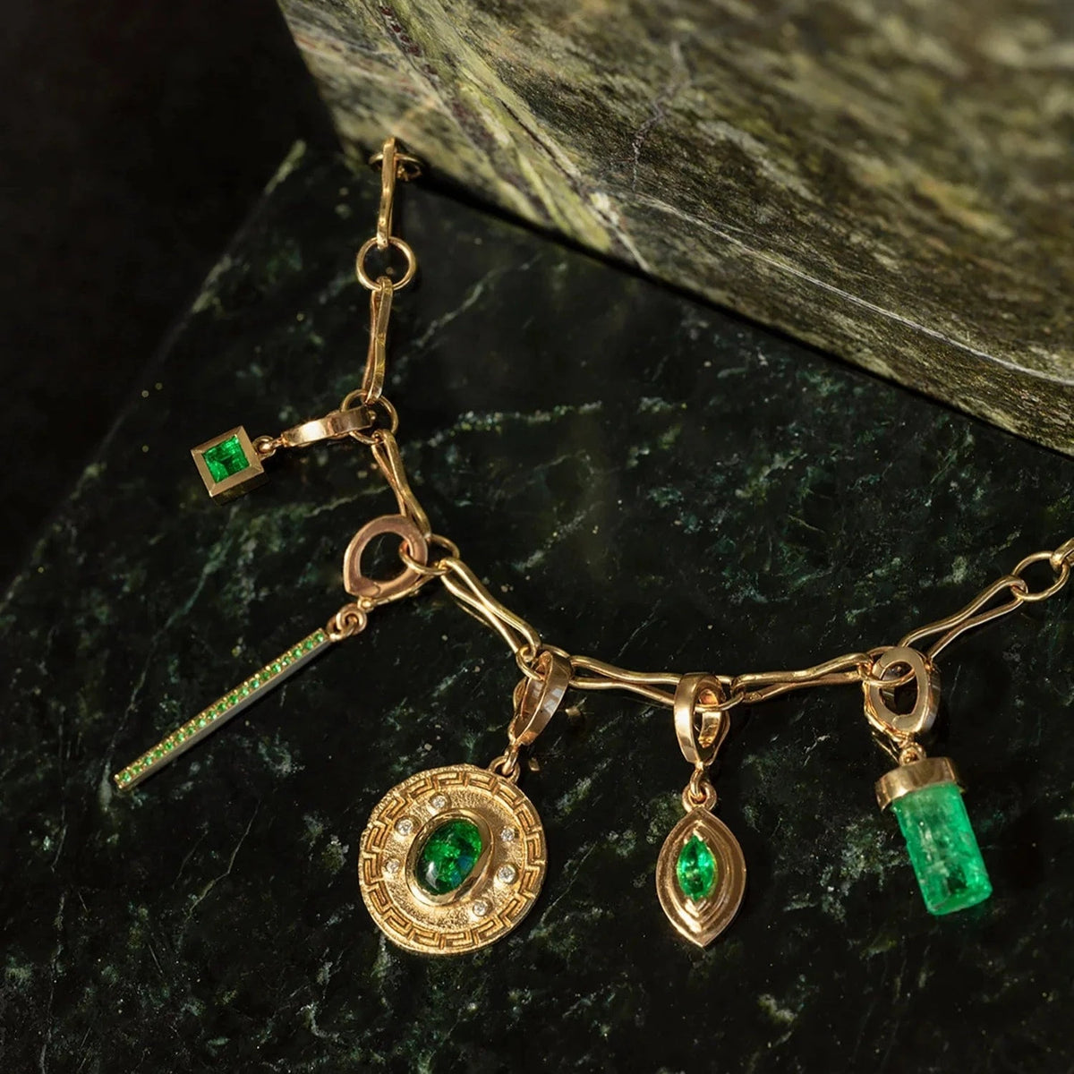 Azlee 18K Yellow Gold Carre Square Emerald Charm