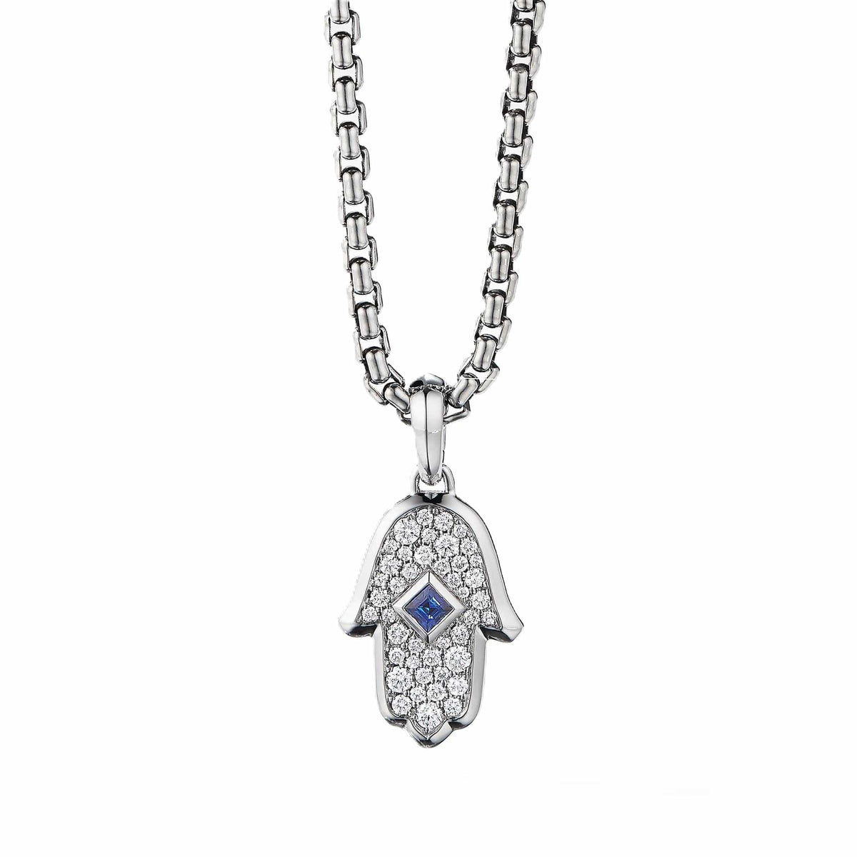 Hamsa Amulet in 18K White Gold with Pavé Diamonds and Blue Sapphire