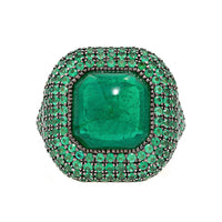 Bayco 18K Yellow Gold Cabochon Emerald and Pave Emerald Halo Ring