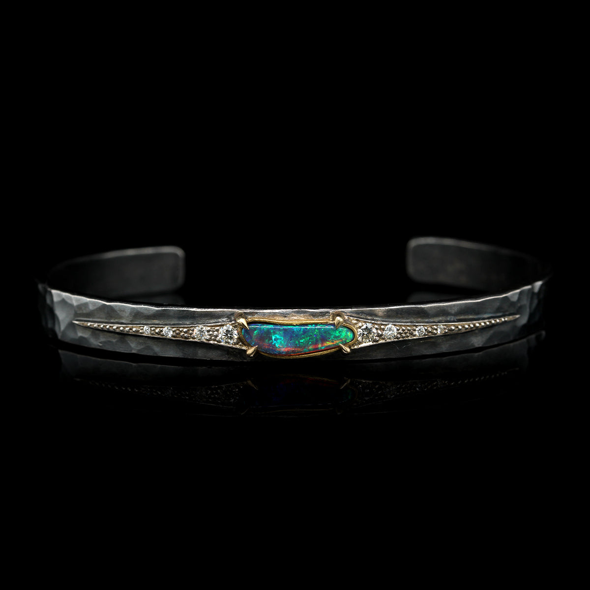 Annie Fensterstock Sterling Silver and 22K Yellow Gold Estate Opal and Diamond Cuff Bracelet