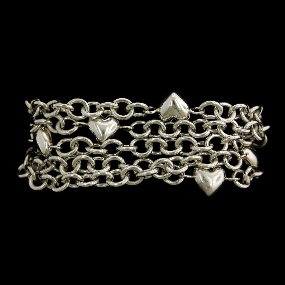 Tiffany & Co. Sterling Silver Estate Multi Strand Puffed Heart Chain Bracelet