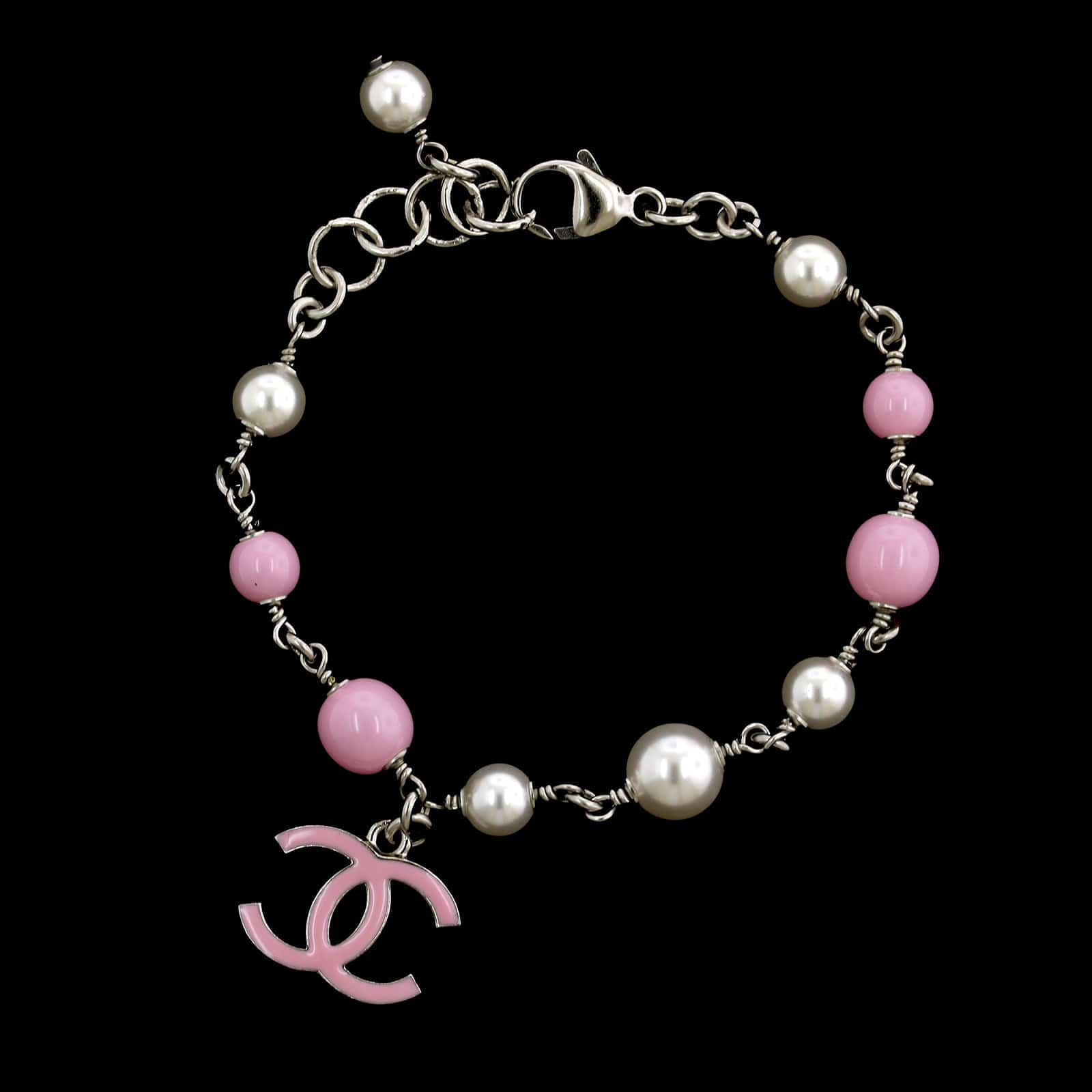 Chanel Silver-Tone Estate Pink Faux Pearl CC Bracelet