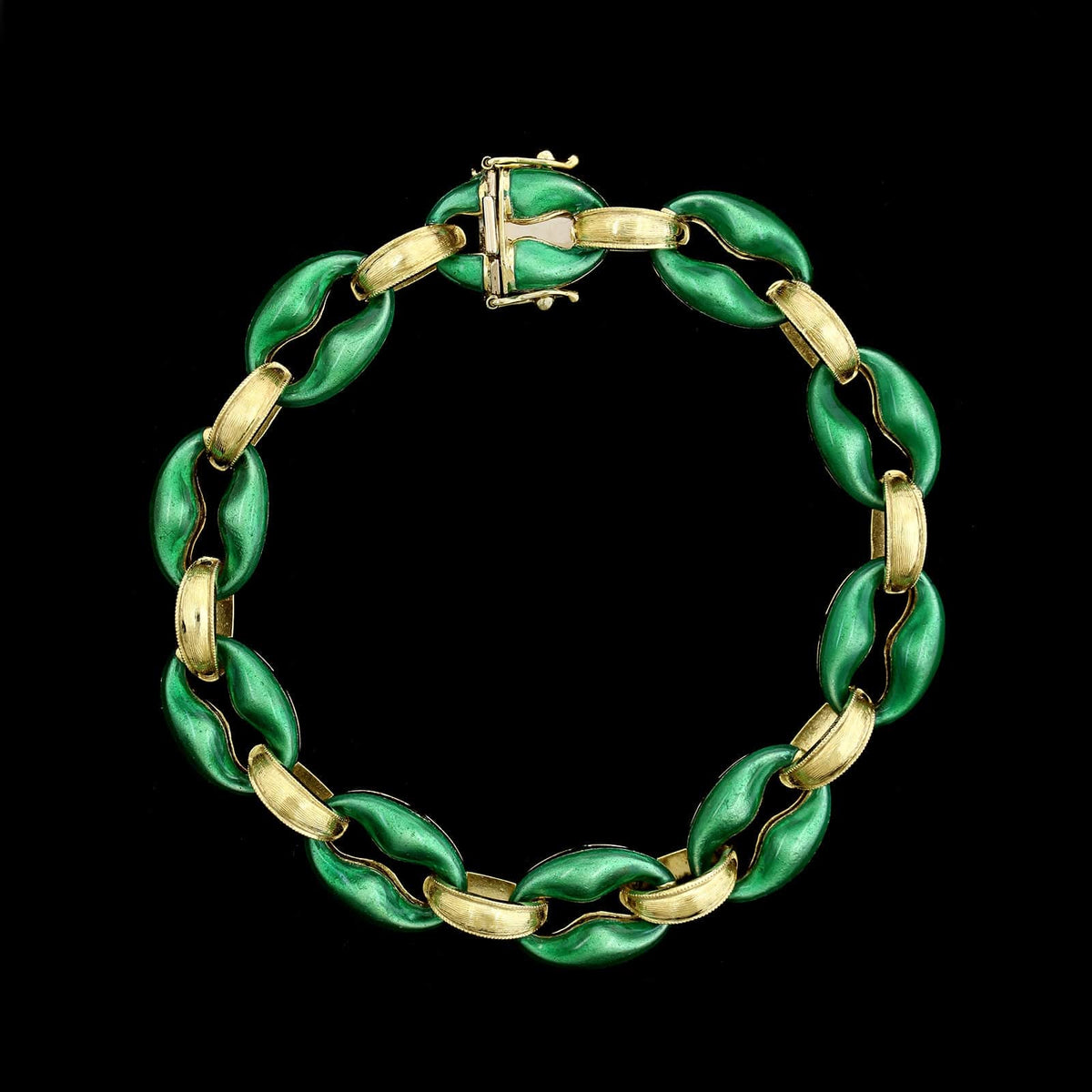 14K Yellow Gold Estate Green Enamel Link Bracelet