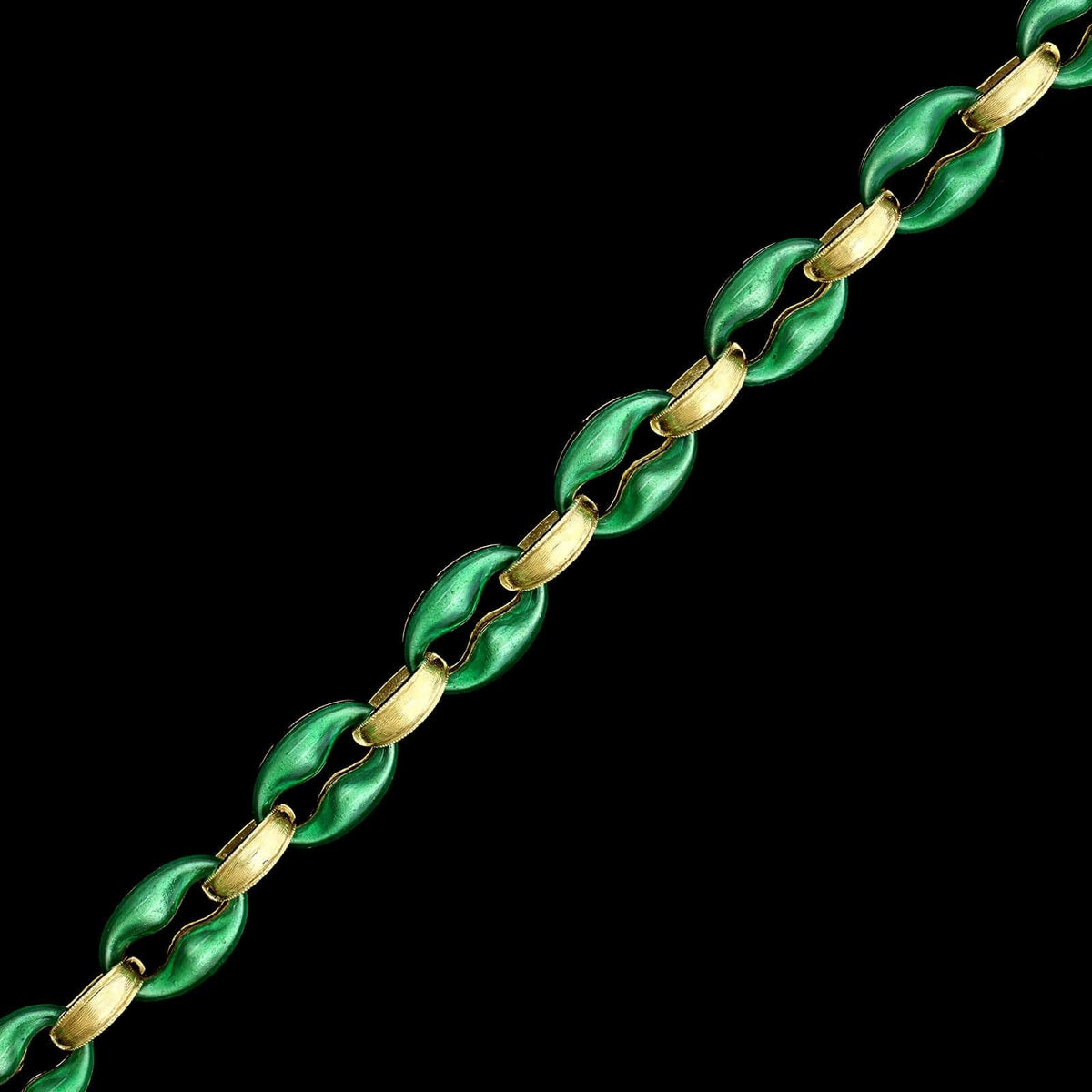 14K Yellow Gold Estate Green Enamel Link Bracelet