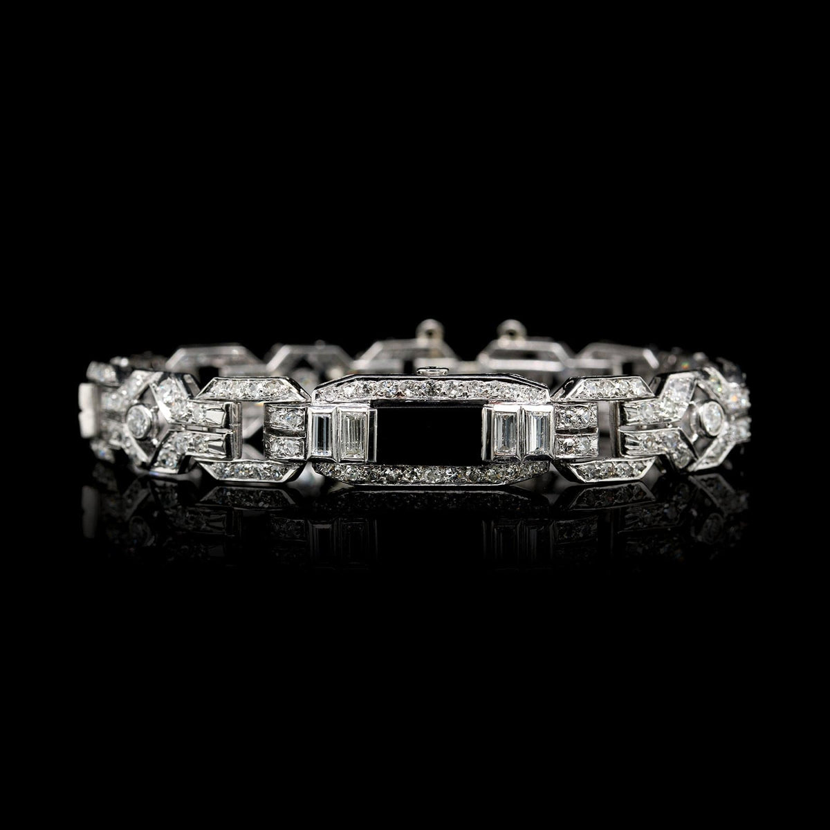 Vintage 18K White Gold Estate Onyx and Diamond Bracelet