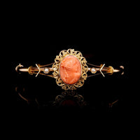 Antique 14K Yellow Gold Estate Coral Cameo Bangle