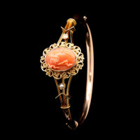 Antique 14K Yellow Gold Estate Coral Cameo Bangle