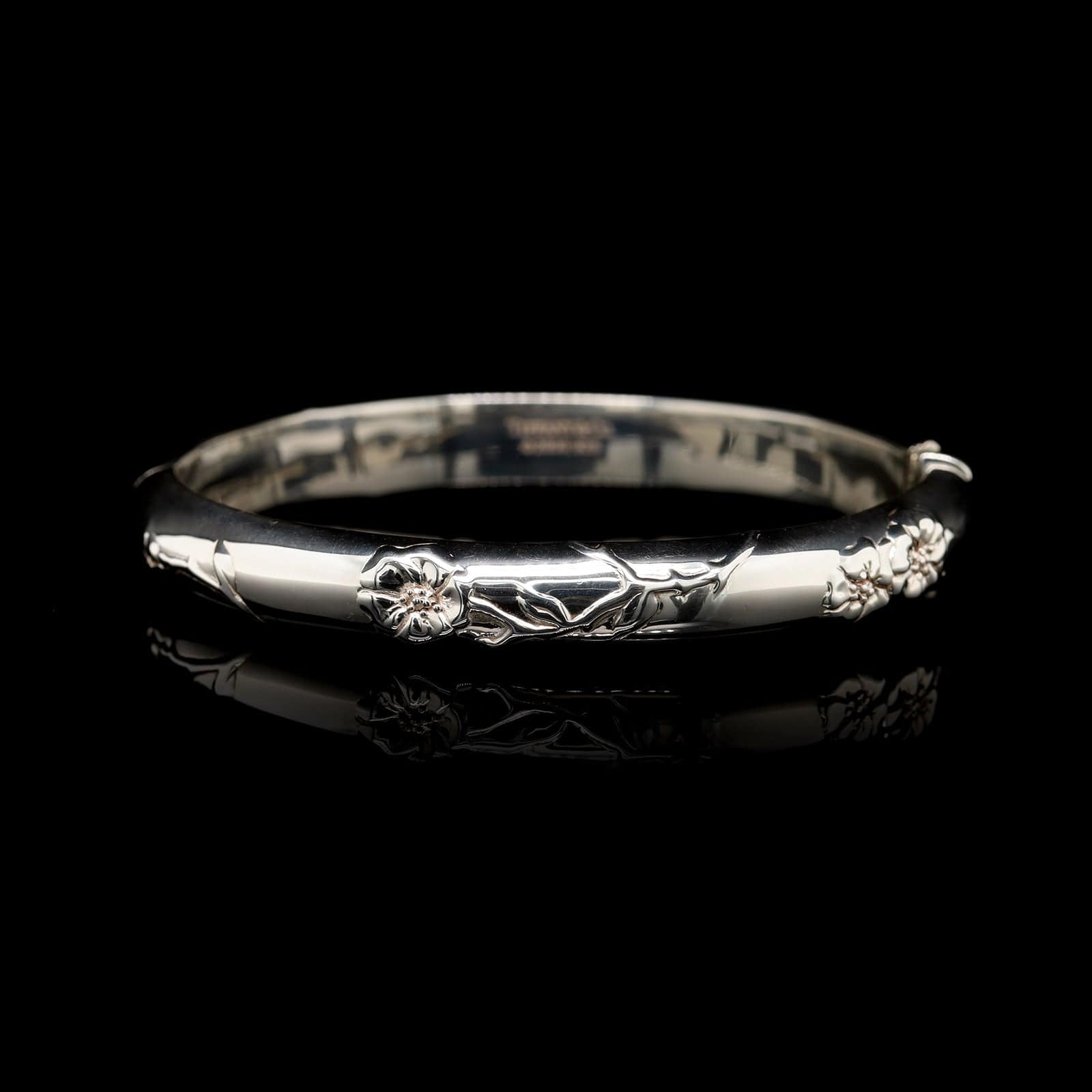 Tiffany & Co. Sterling Silver Estate Nature Rose Hinged Bangle Bracelet