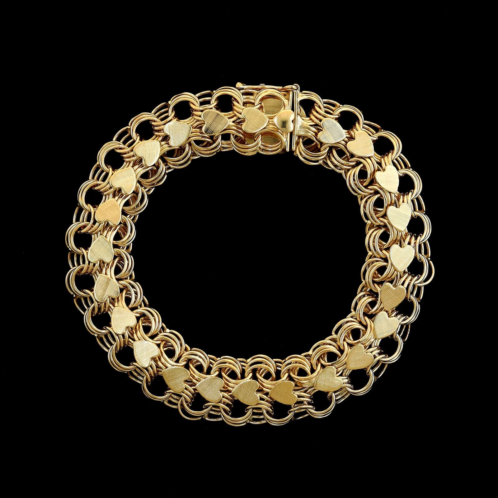 14K Yellow Gold Estate Heart Motif Double Link Charm Bracelet