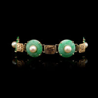 14K Yellow Gold Estate Hololith Jadeite and Cultured Pearl Bracelet