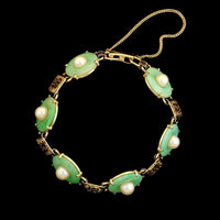 14K Yellow Gold Estate Hololith Jadeite and Cultured Pearl Bracelet