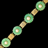14K Yellow Gold Estate Hololith Jadeite and Cultured Pearl Bracelet