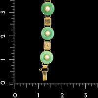 14K Yellow Gold Estate Hololith Jadeite and Cultured Pearl Bracelet