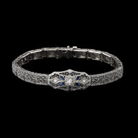 Vintage 18K White Gold Estate Synthetic Sapphire and Diamond Filigree Bracelet