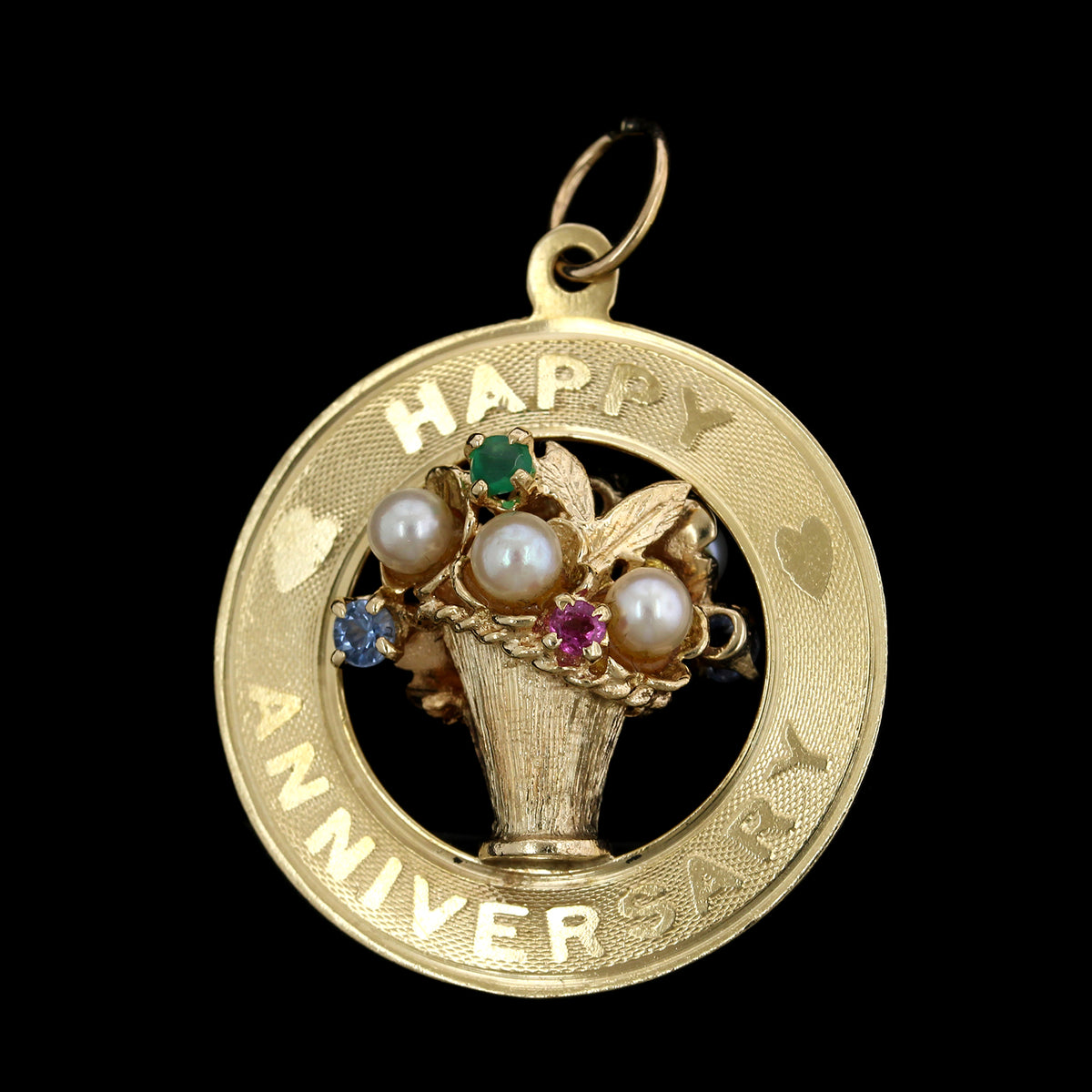 14K Yellow Gold Estate Cultured Pearl and Gem Set 'Happy Anniversary' Charm