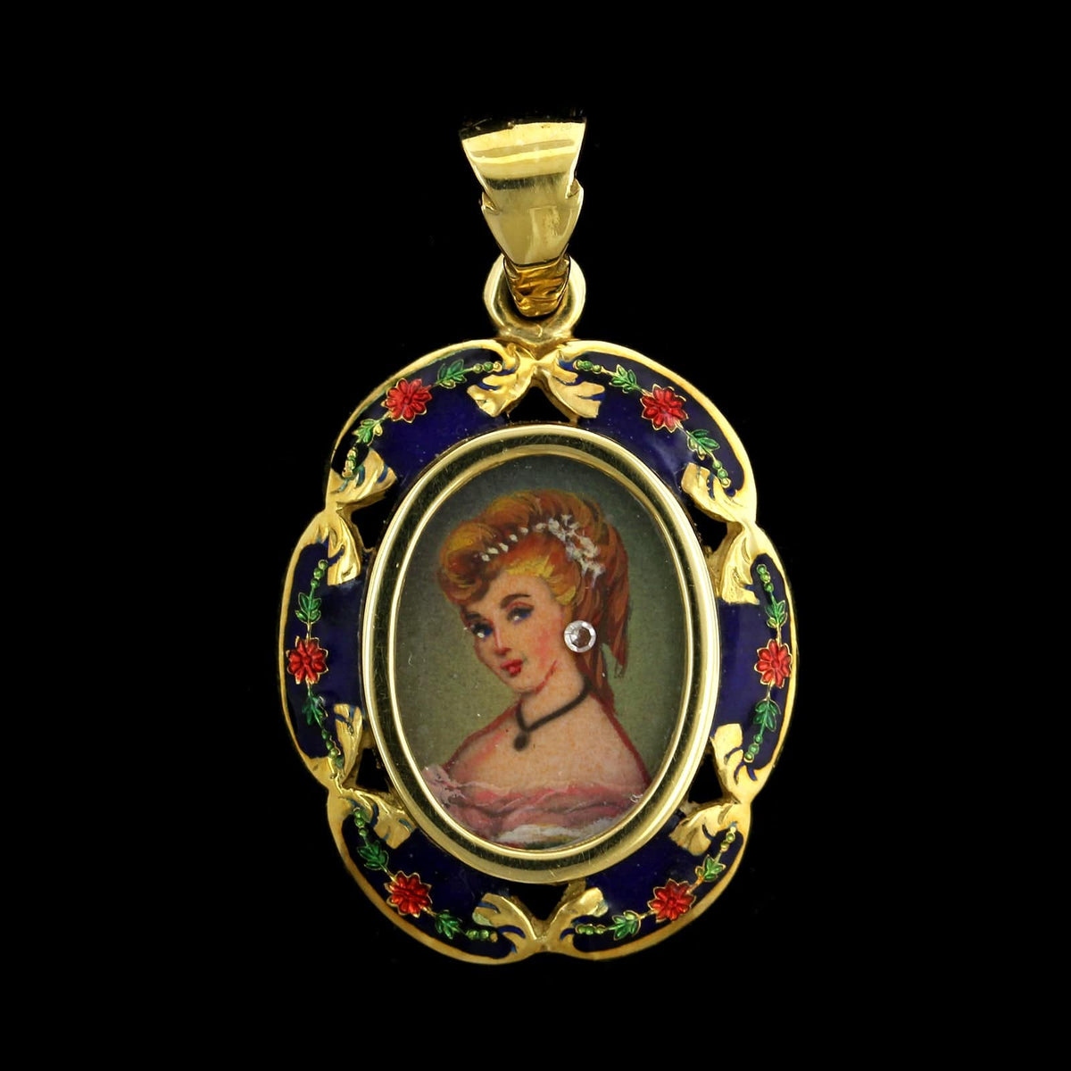 18K Yellow Gold Estate Enamel Portrait Pendant