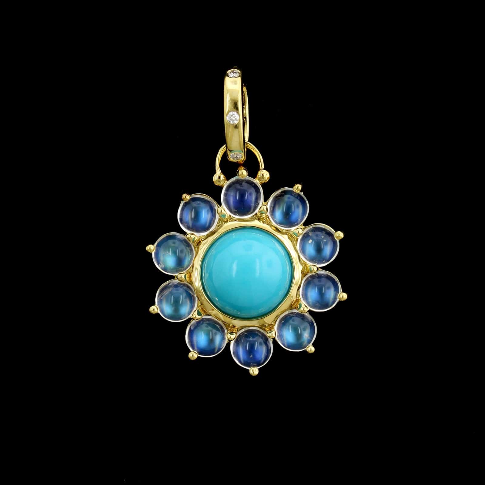 Tample St. Clair 18K Yellow Gold Estate Turquoise and Moonstone Dreamcatcher Pendant Enhancer