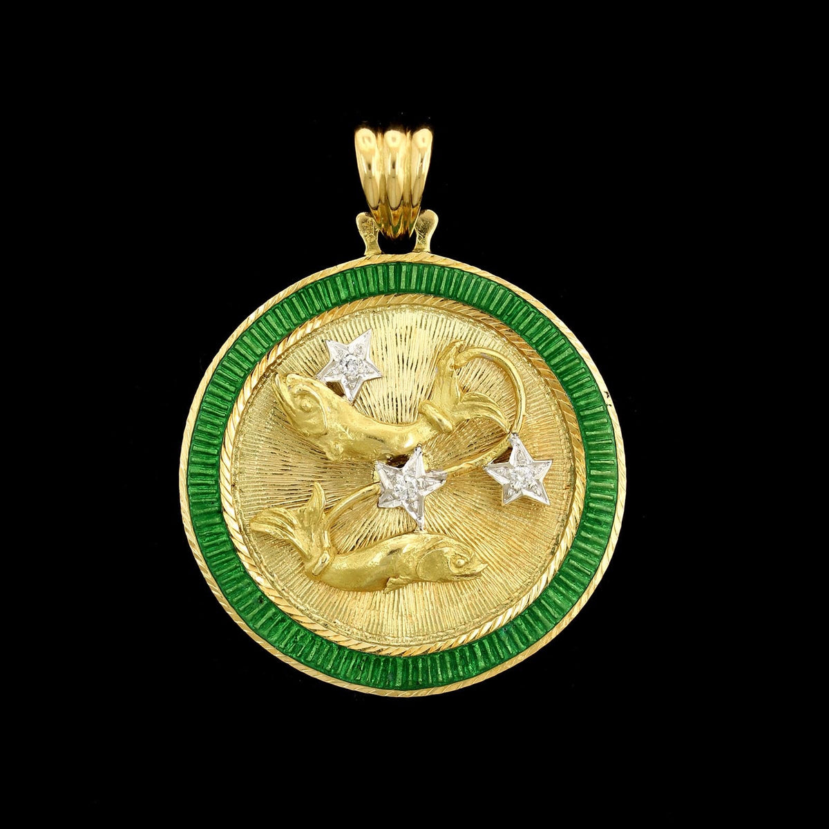 18K Yellow Gold Estate Diamond and Enamel Pisces Zodiac Pendant