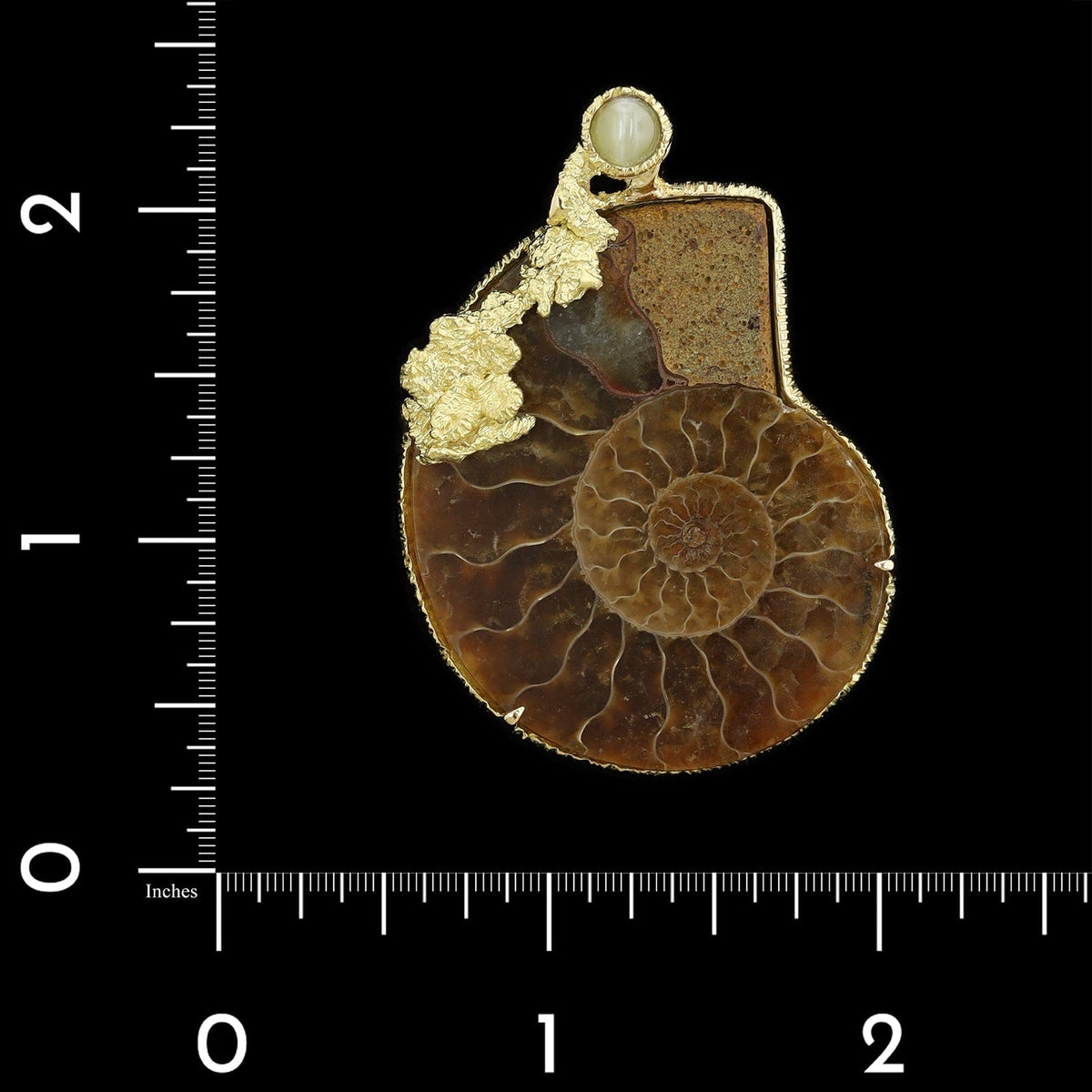 18K Yellow Gold Estate Ammonite Fossil and Cat's Eye Chrysoberyl Pendant
