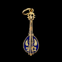 18K Yellow Gold Estate Mandolin Charm with Blue Enamel