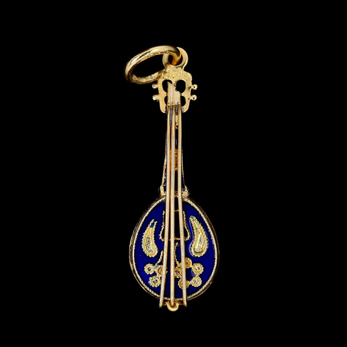 18K Yellow Gold Estate Mandolin Charm with Blue Enamel