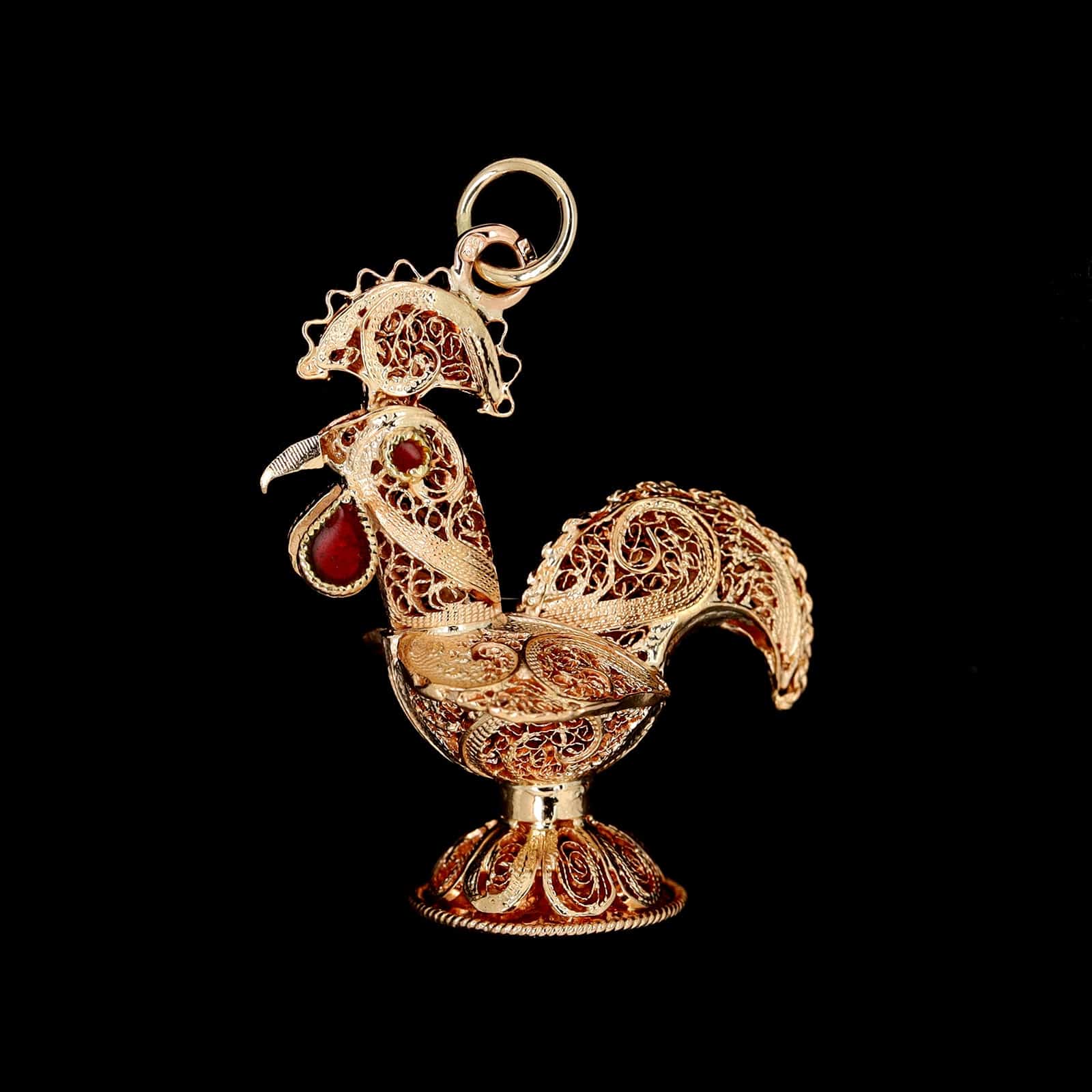 18K Yellow Gold Estate Red Enamel Filigree Rooster Charm Pendant