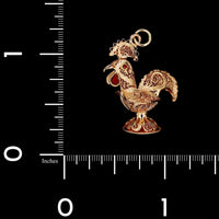 18K Yellow Gold Estate Red Enamel Filigree Rooster Charm Pendant