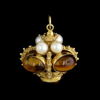 18K Yellow Gold Estate Tiger's Eye and Cultured Pearl Pendant Fob
