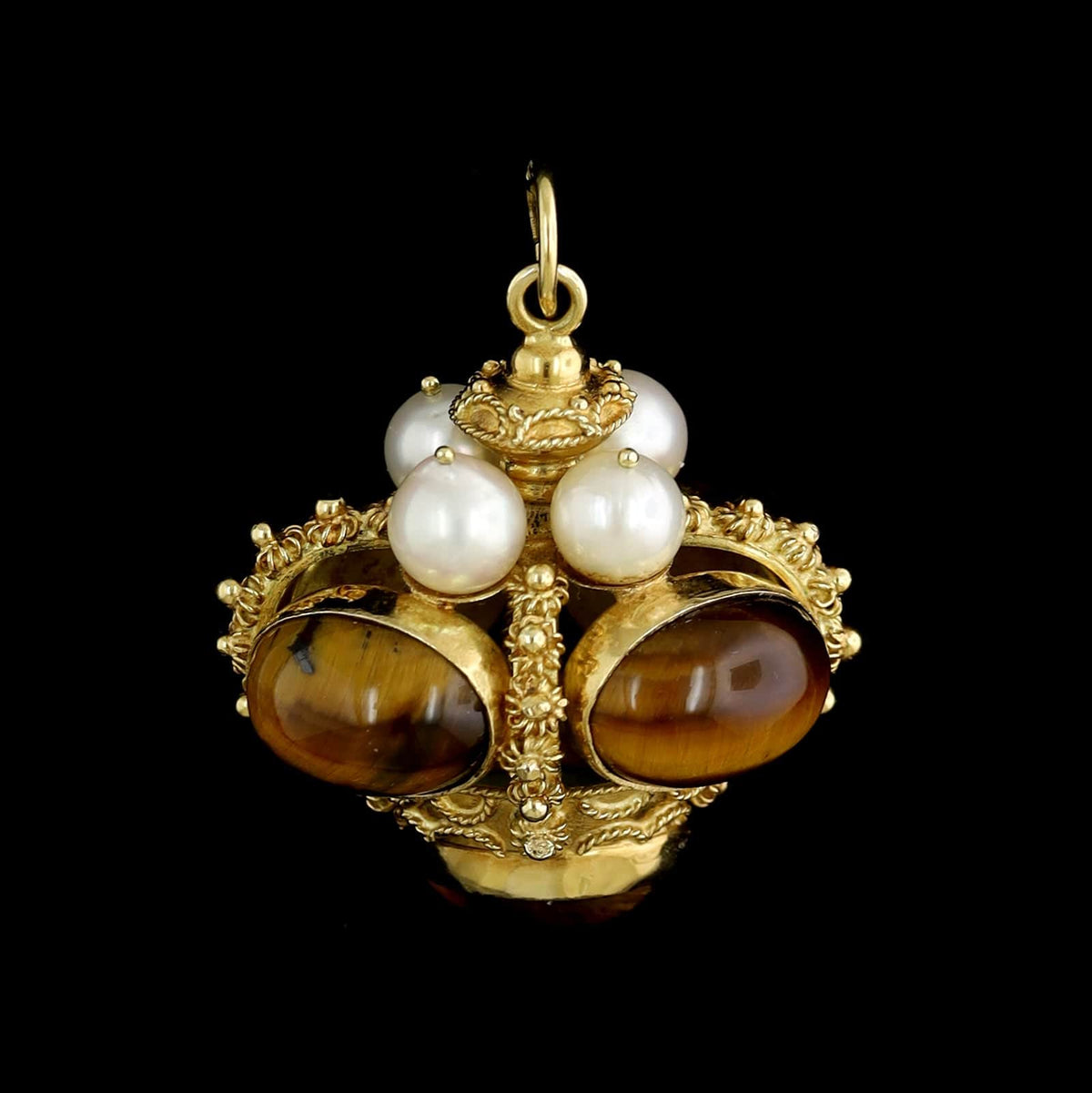 18K Yellow Gold Estate Tiger's Eye and Cultured Pearl Pendant Fob