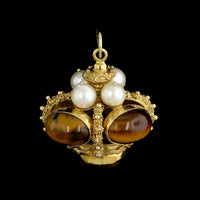 18K Yellow Gold Estate Tiger's Eye and Cultured Pearl Pendant Fob