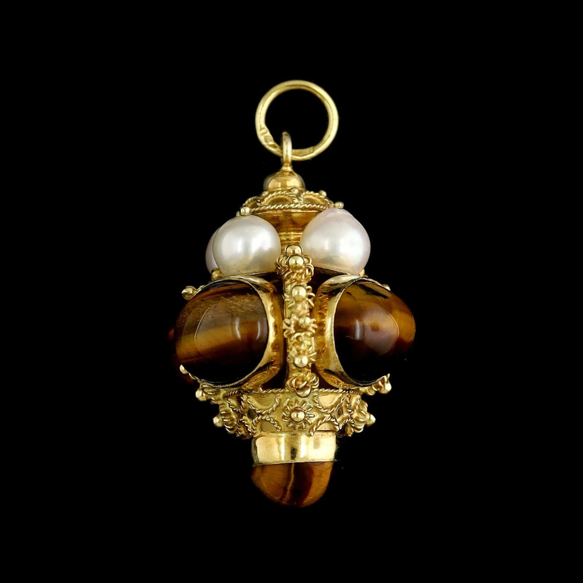 18K Yellow Gold Estate Tiger's Eye and Cultured Pearl Pendant Fob