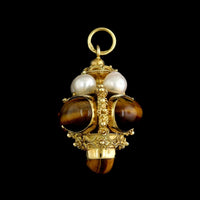 18K Yellow Gold Estate Tiger's Eye and Cultured Pearl Pendant Fob