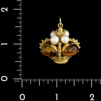 18K Yellow Gold Estate Tiger's Eye and Cultured Pearl Pendant Fob