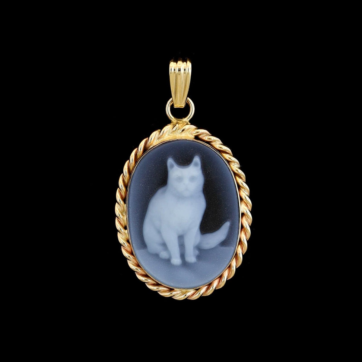 14K Yellow Gold Estate Blue Agate Cat Cameo Pendant